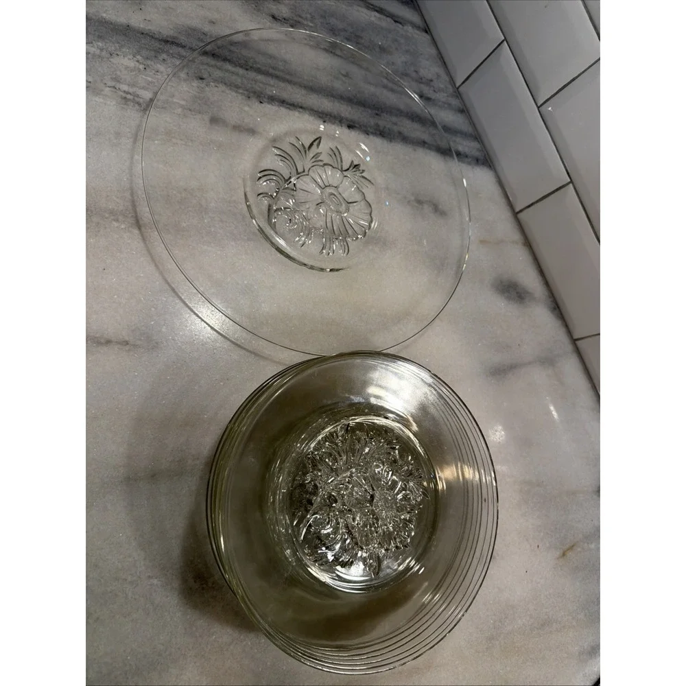 Vtg Jeannette Glass Camellia Clear Round 12in Cake Platter& 7 8.5in Plates 009